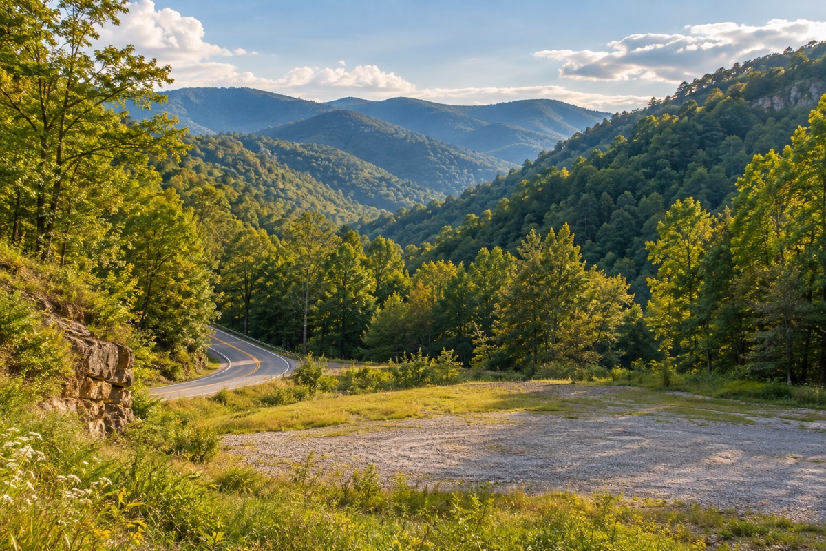 Appalachian Kentucky hollow road and wooded hills near an open storage site